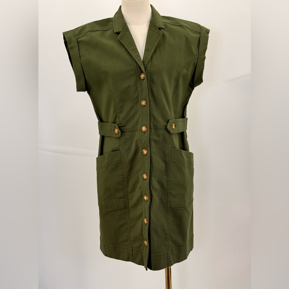 Loft Olive Green Utility Shirt Dress Button Front Safari Style with Pockets SZ-4 - Picture 3 of 12